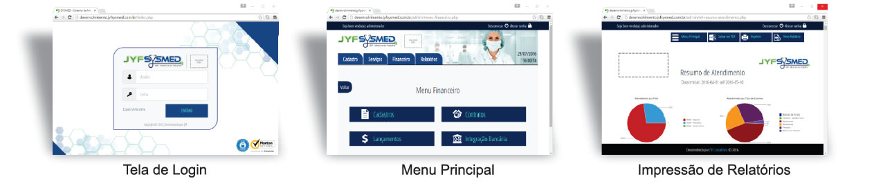 Telas do JYF SysMed Software de Medicina do Trabalho | Tela de Login | Menu Principal | Impressão de Relatórios